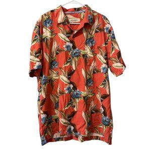 Tommy Bahama Men Size XL Button Down‎ Shirt Hawaiian Silk Blend Orange Tropical